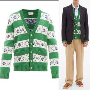 Gucci Men’s GG Logo Wool Knit Cardigan Green Citron Stripe Sweater M NWT Italy